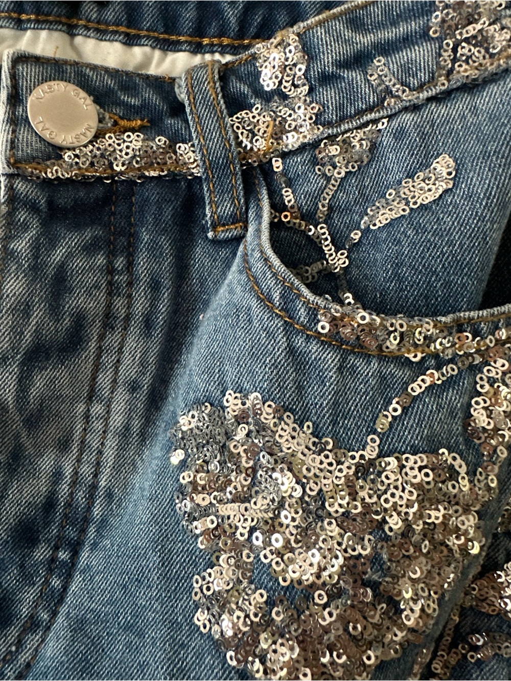NWT Nasty Gal for Nordstrom Floral Sequin 100% Cotton Denim Mini Skirt, Sz 2 - Picture 7 of 9